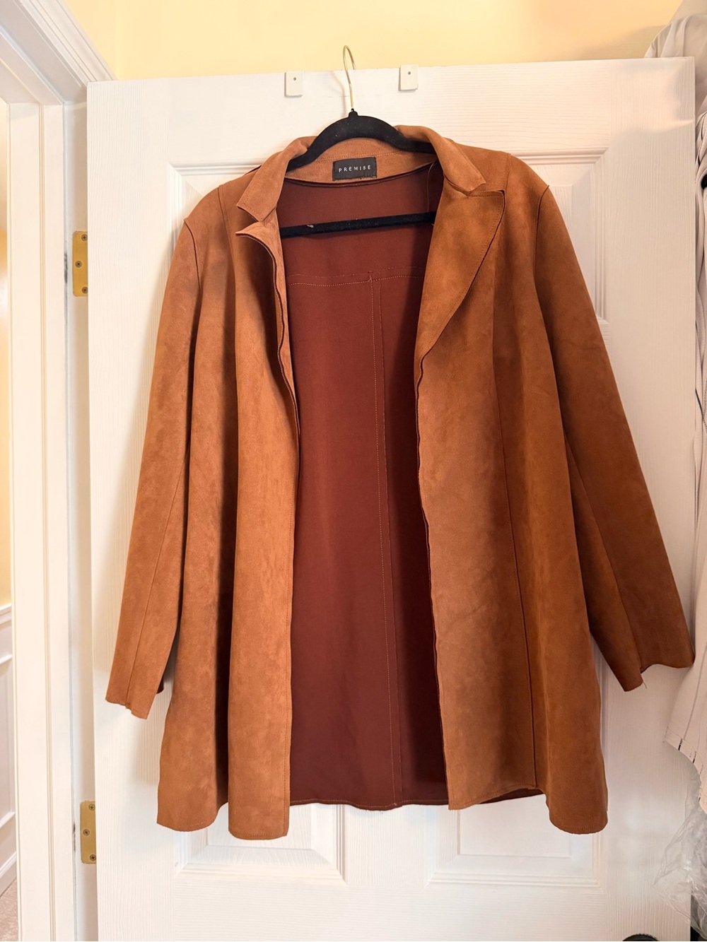 Premise Open-Front Faux Suede Trench Coat in Cognac Brown
